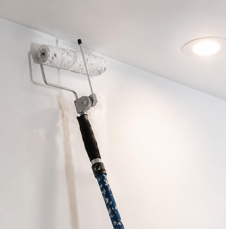 A paint roller with a long extension pole and black handle, applying white paint to a white wall in a room. A ceiling light is visible in the upper right.