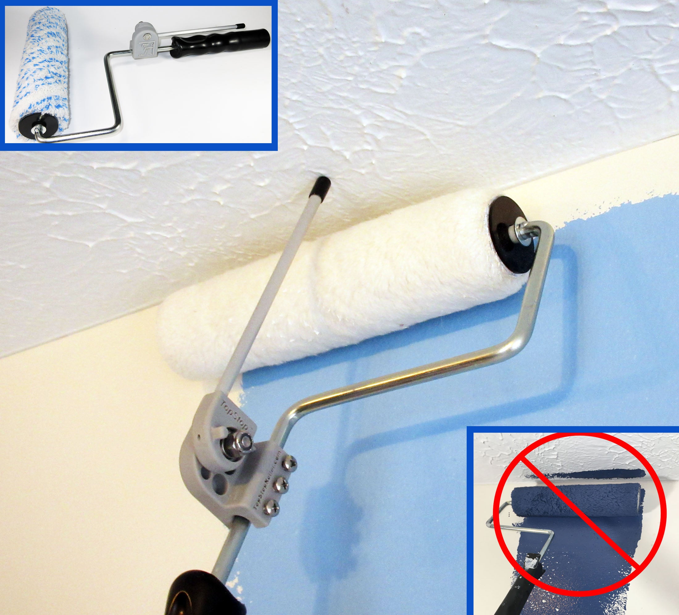 Picture of a paint roller with a close-up of the TopStop Professional Roller Guide and a warning to not paint the ceiling accidentally.