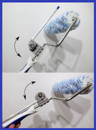 Picture showing TopStop Roller Guide in active position and in stored position. Roller with blue and white patterned roller sleeve on a white background