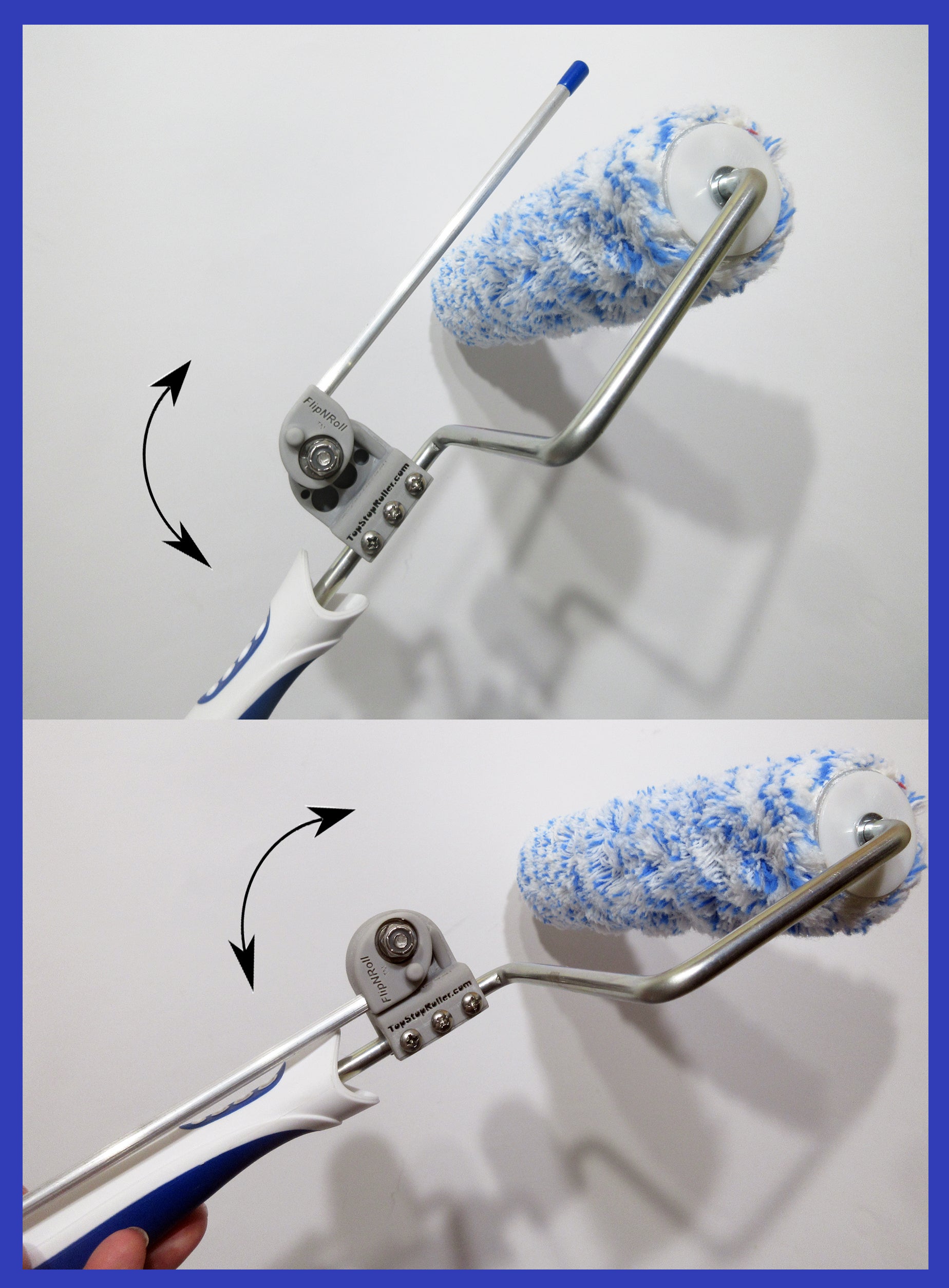 Picture showing TopStop Roller Guide in active position and in stored position. Roller with blue and white patterned roller sleeve on a white background