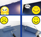 Four quadrants showing unhappy rolling mistakes and also happy results when using Roller Watchdog. different emoticons and a roller painting a wall with blue paint.