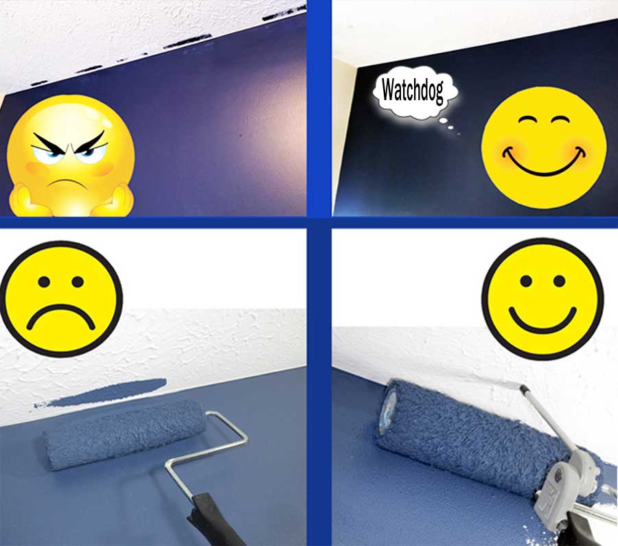 Four quadrants showing unhappy rolling mistakes and also happy results when using Roller Watchdog. different emoticons and a roller painting a wall with blue paint.